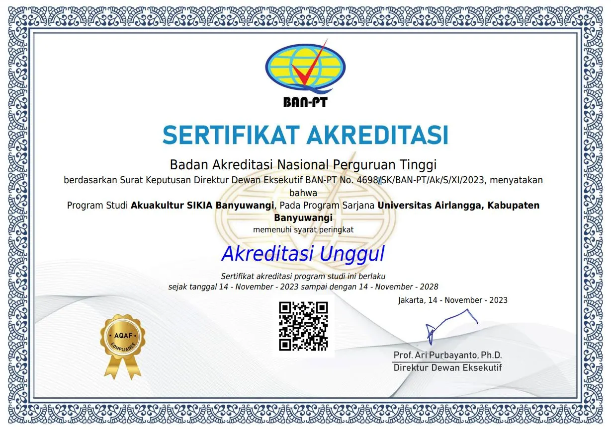 Sertifikat Akreditasi Program Studi Akuakultur FIKKIA UNAIR